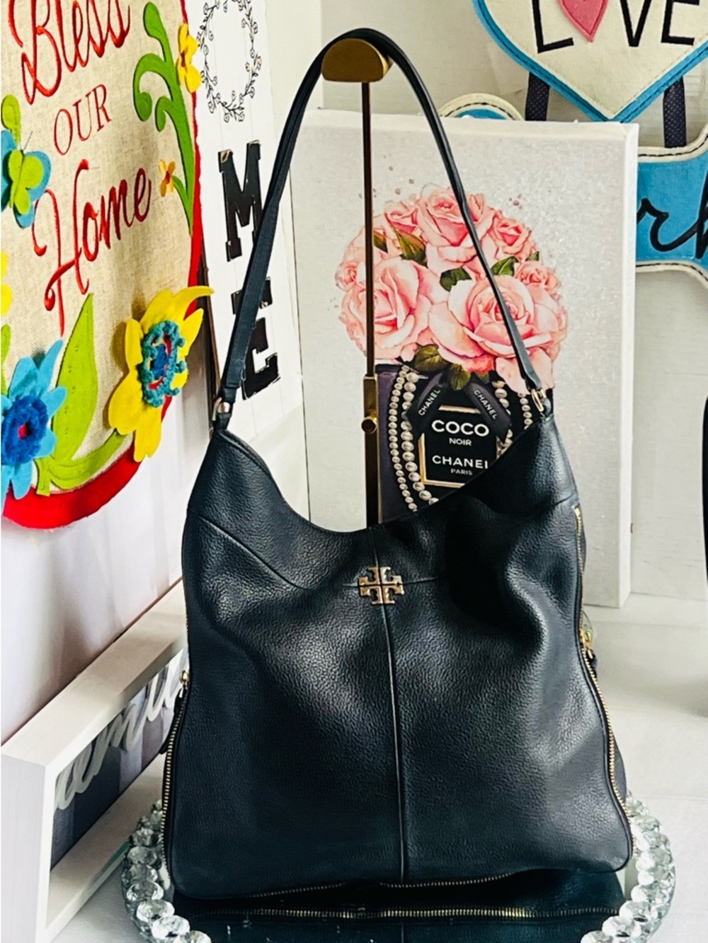 Tory Burch Black Pebbled Leather Hobo with Gold Logo